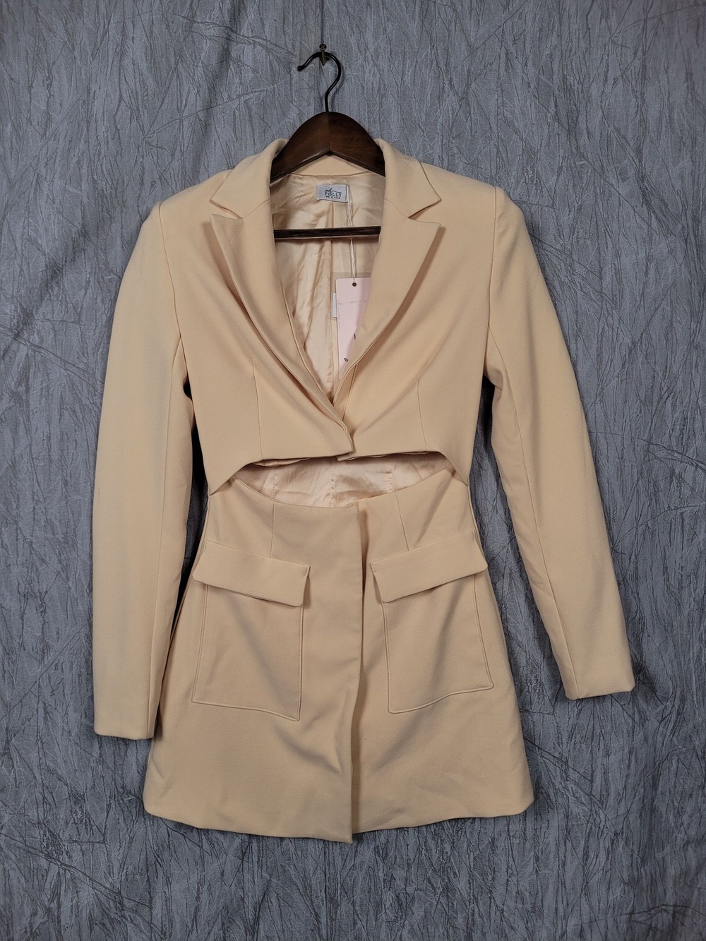 Oh Polly Dress Womens 2 Beige Jacket Blazer Mini Cut Out Zip Pockets Long Sleeve